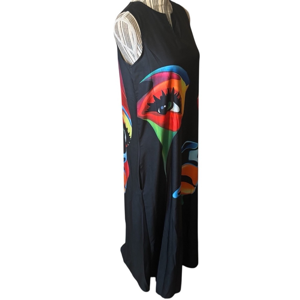 Festival Dress Small Black Multicolor Face Print Art Deco Sleeveless Maxi Colors - Picture 6 of 15